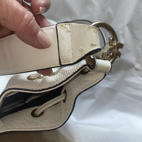 Aldo White W/Gold Woven Drawstring Bucket Bag Cross Body Convertible Top Handle - Picture 12 of 16